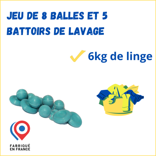 Jeu de 8 Balles et 5 Battoirs de Lavage pour 6kg de linge