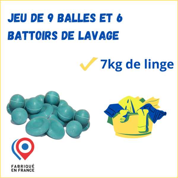 Jeu de 9 Balles et 6 Battoirs de Lavage pour 7kg de linge