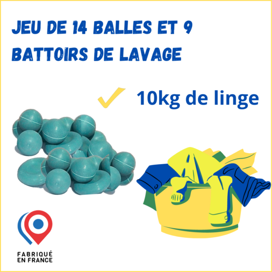 Jeu de 14 Balles et 9 Battoirs de Lavage pour 10kg de linge