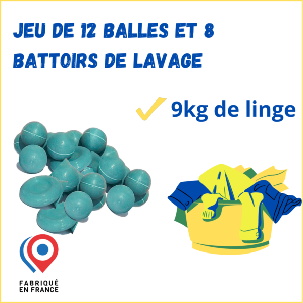 Jeu de 12 Balles et 8 Battoirs de Lavage pour 9kg de linge